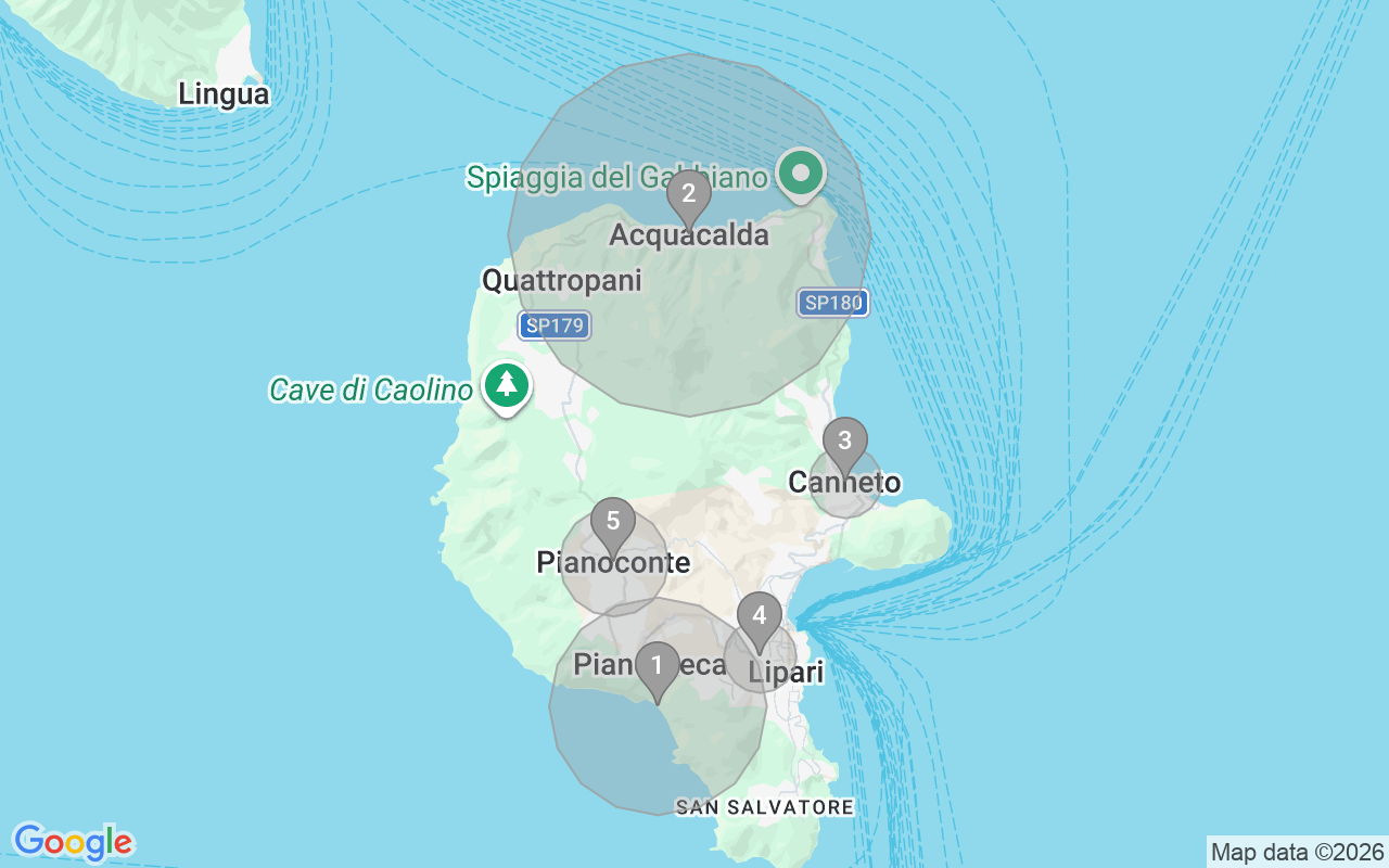 Map of Airbnb guest-review hotspots in Lipari with location premium circles