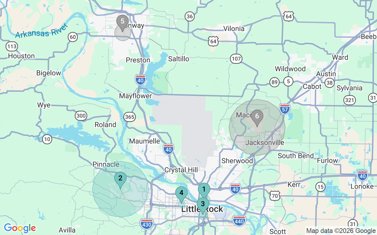 Map of Airbnb guest-review hotspots in Little Rock-North Little Rock-Conway with location premium circles