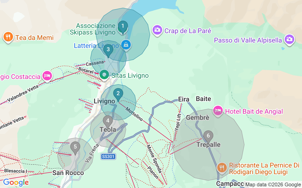 Map of Airbnb guest-review hotspots in Livigno with location premium circles