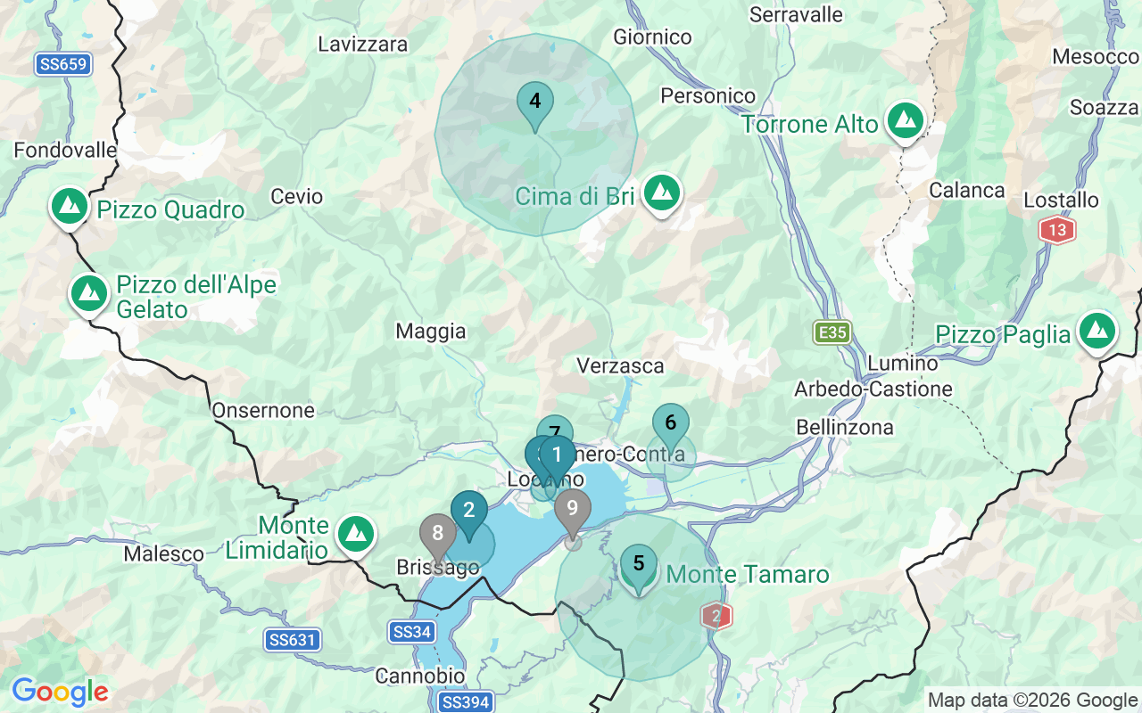 Map of Airbnb guest-review hotspots in Locarno with location premium circles
