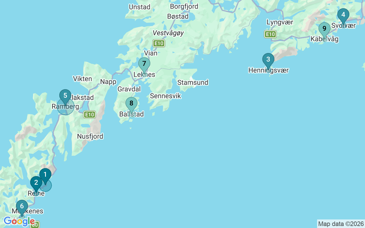 Map of Airbnb guest-review hotspots in Lofoten with location premium circles
