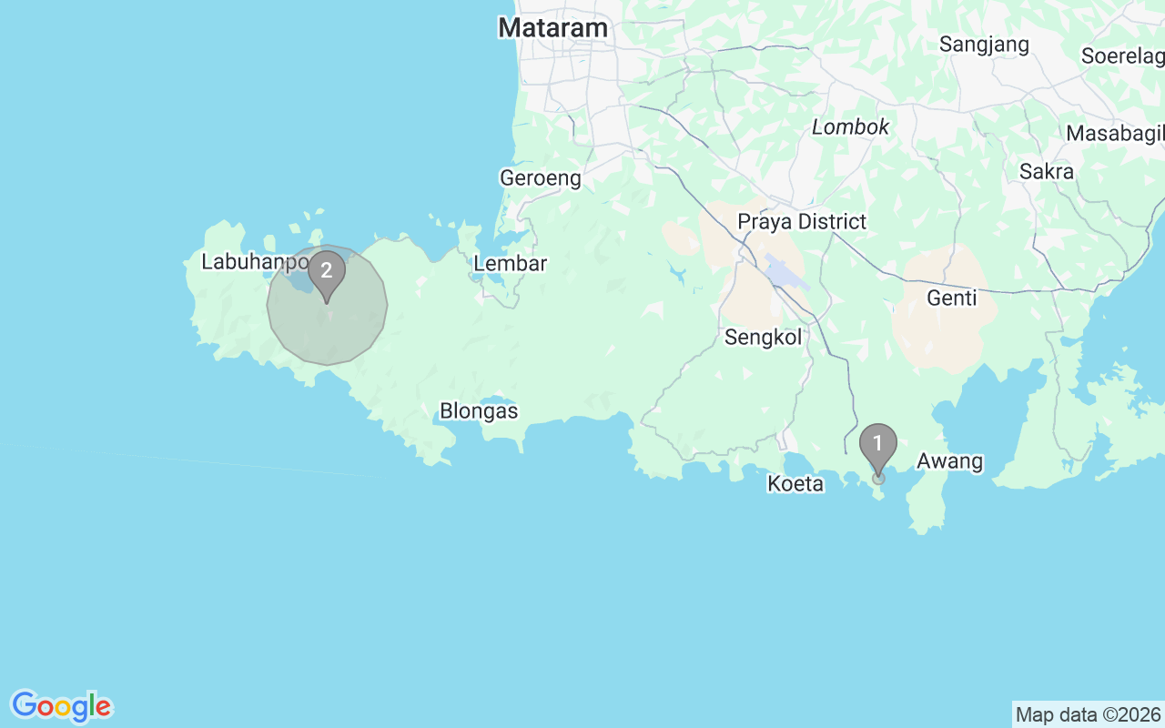 Map of Airbnb guest-review hotspots in Lombok South with location premium circles