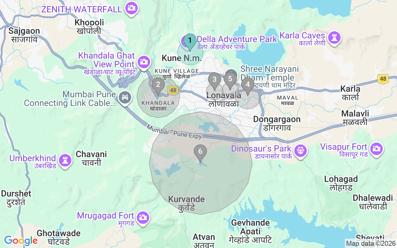 Map of Airbnb guest-review hotspots in Lonavala with location premium circles