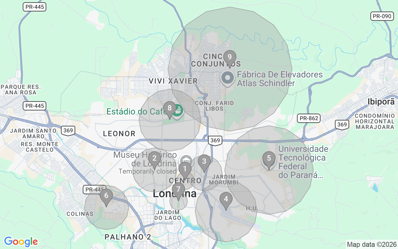 Map of Airbnb guest-review hotspots in Londrina with location premium circles