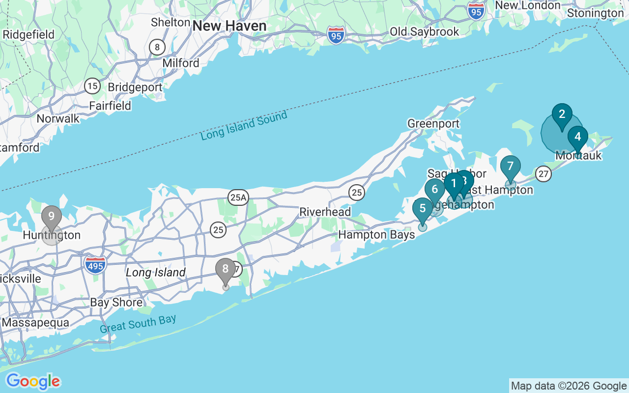Map of Airbnb guest-review hotspots in Long Island with location premium circles