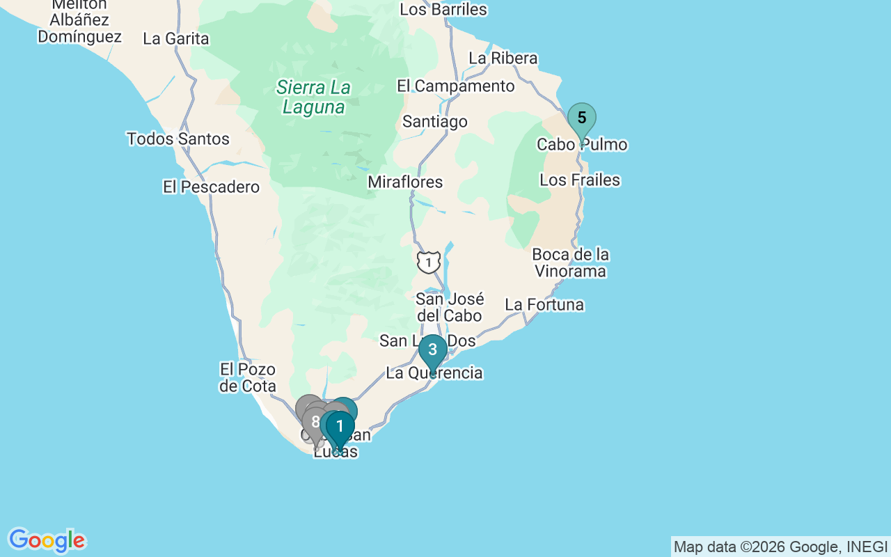 Map of Airbnb guest-review hotspots in Los Cabos with location premium circles