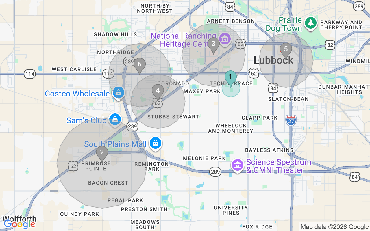 Map of Airbnb guest-review hotspots in Lubbock with location premium circles