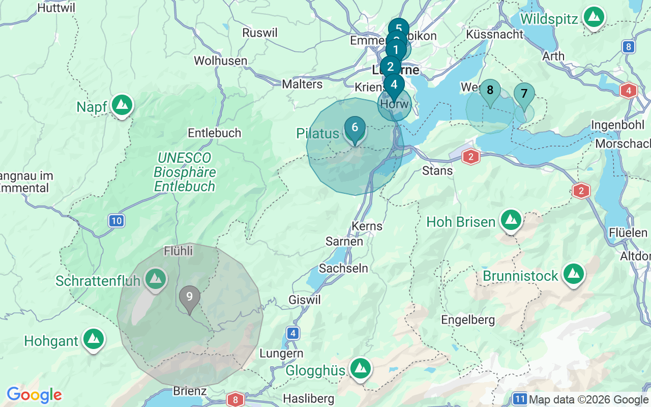 Map of Airbnb guest-review hotspots in Lucerne with location premium circles