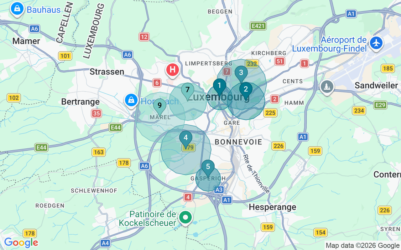 Map of Airbnb guest-review hotspots in Luxembourg City with location premium circles