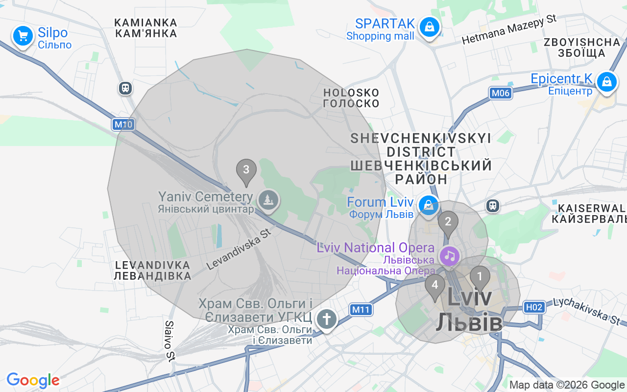 Map of Airbnb guest-review hotspots in Lviv with location premium circles