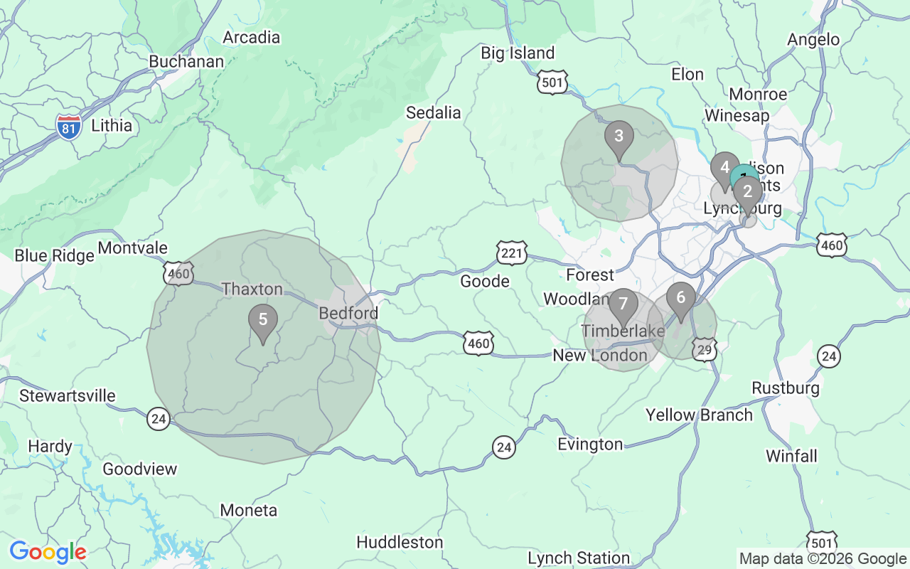 Map of Airbnb guest-review hotspots in Lynchburg with location premium circles