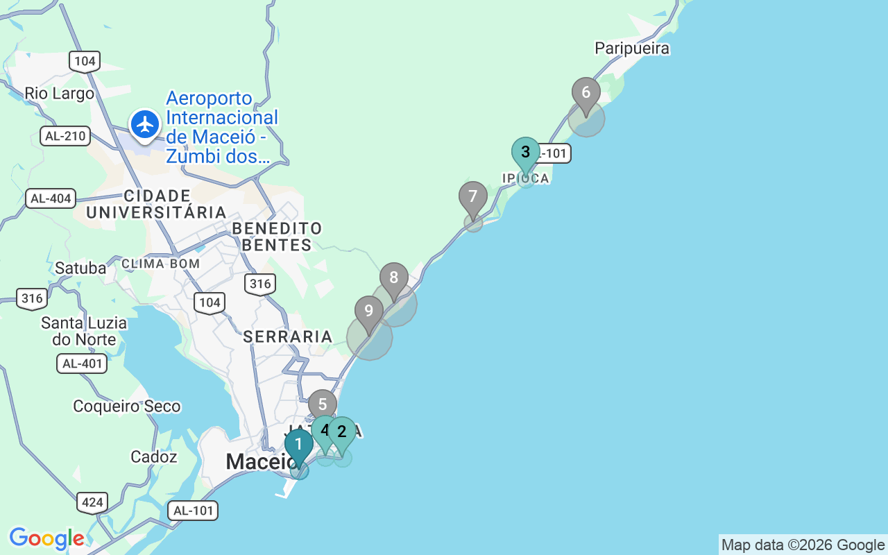 Map of Airbnb guest-review hotspots in Maceió with location premium circles
