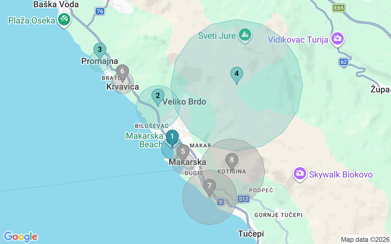 Map of Airbnb guest-review hotspots in Makarska with location premium circles