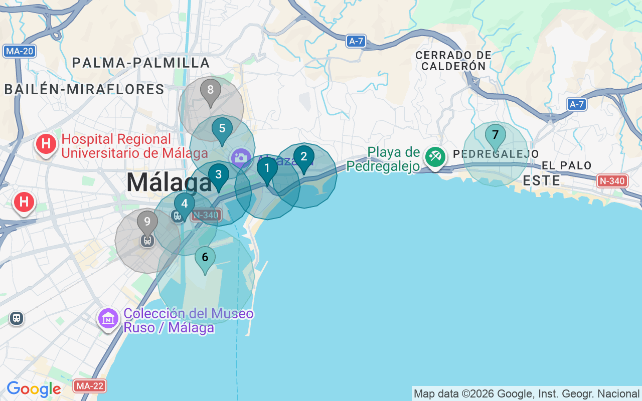 Map of Airbnb guest-review hotspots in Málaga with location premium circles