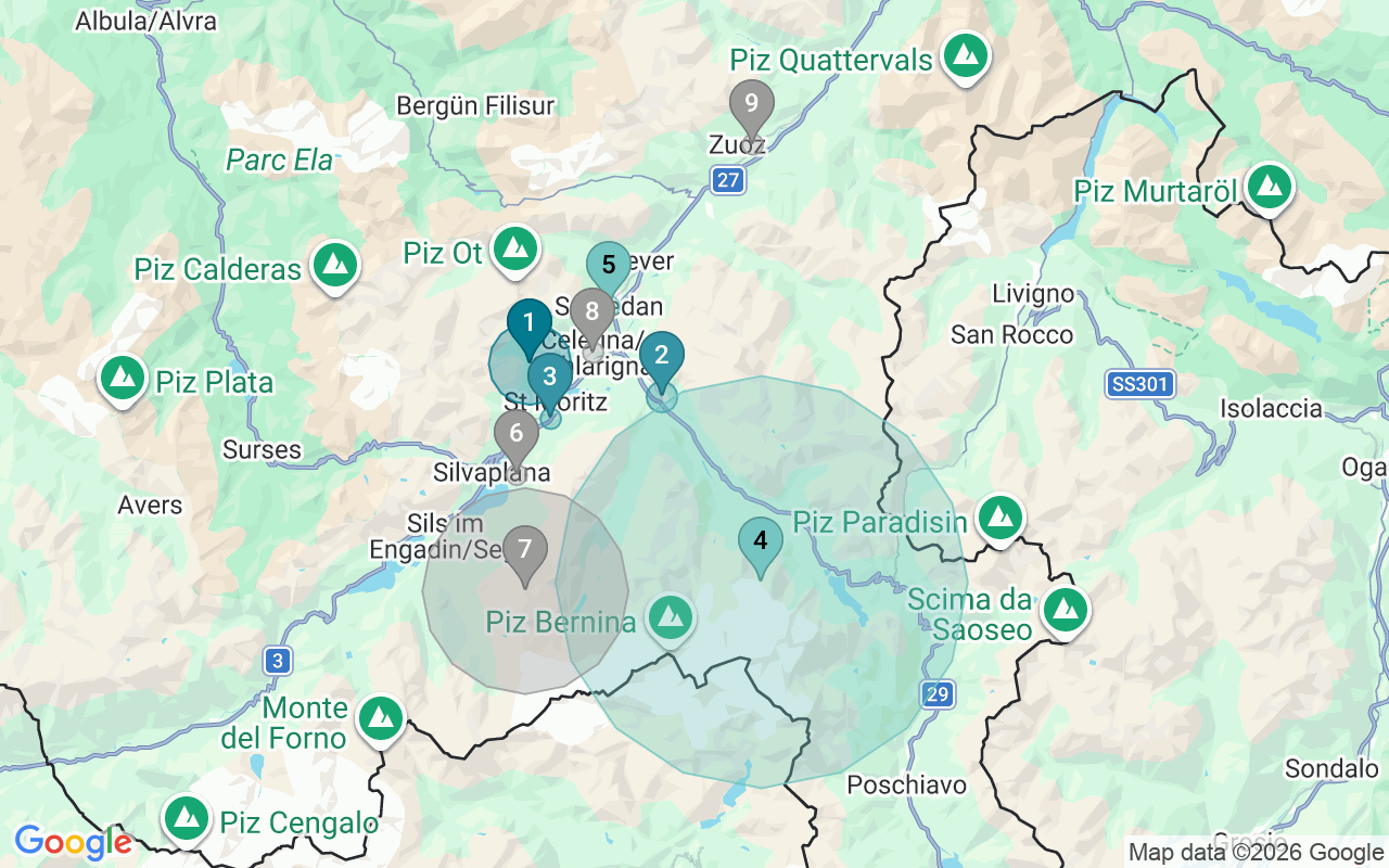 Map of Airbnb guest-review hotspots in Maloja with location premium circles