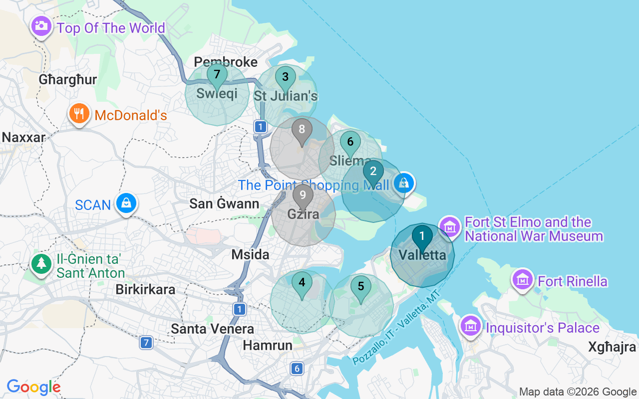 Map of Airbnb guest-review hotspots in Malta with location premium circles