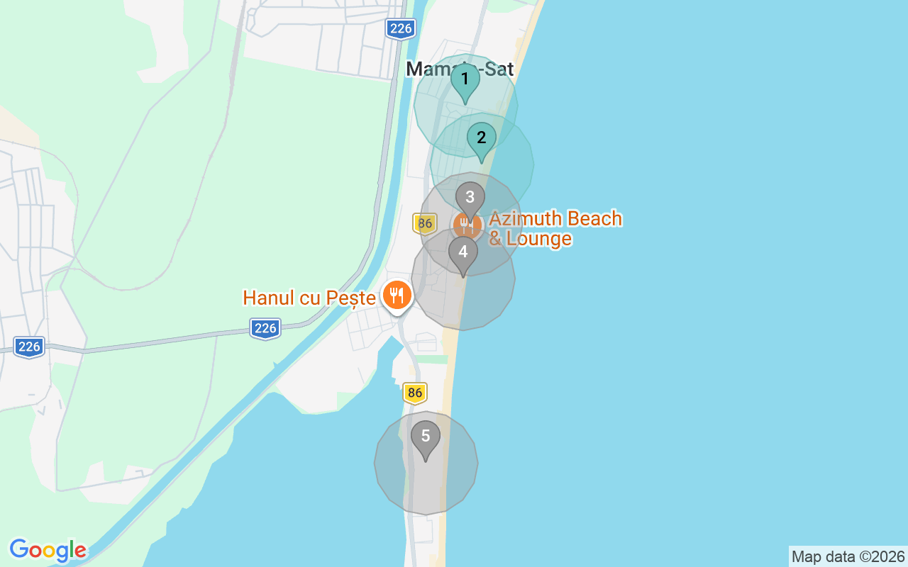 Map of Airbnb guest-review hotspots in Mamaia-Sat with location premium circles