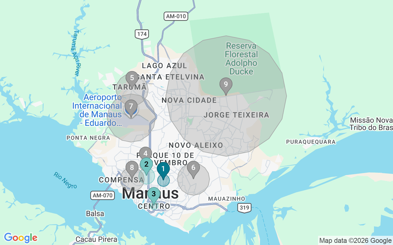 Map of Airbnb guest-review hotspots in Manaus with location premium circles