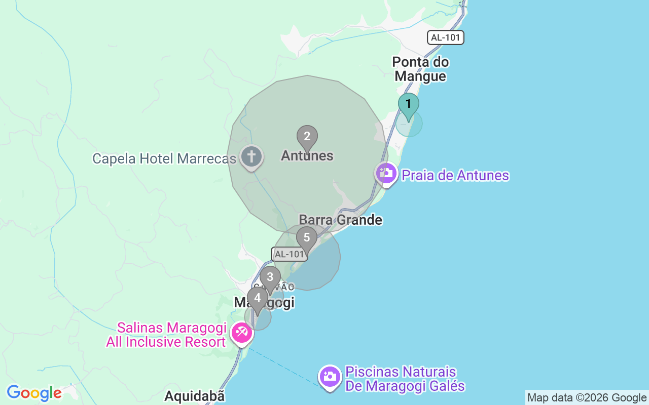 Map of Airbnb guest-review hotspots in Maragogi with location premium circles