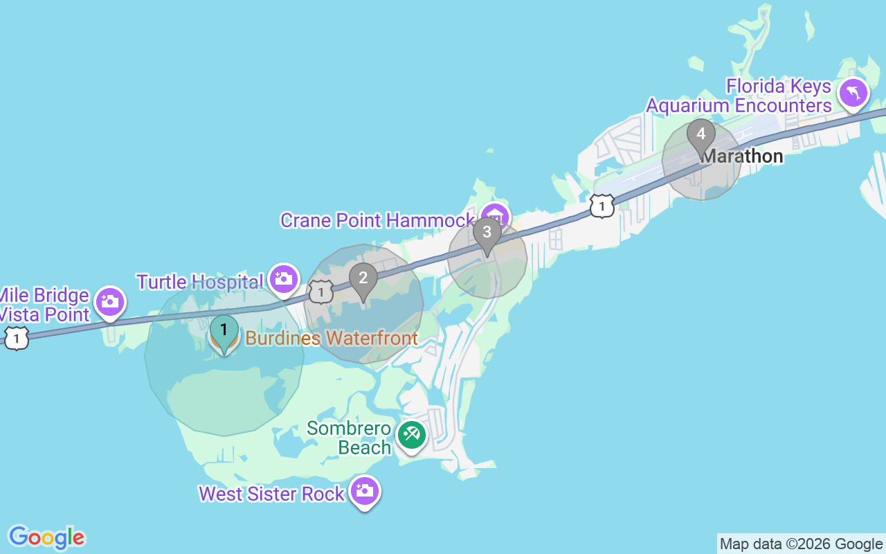 Map of Airbnb guest-review hotspots in Marathon with location premium circles
