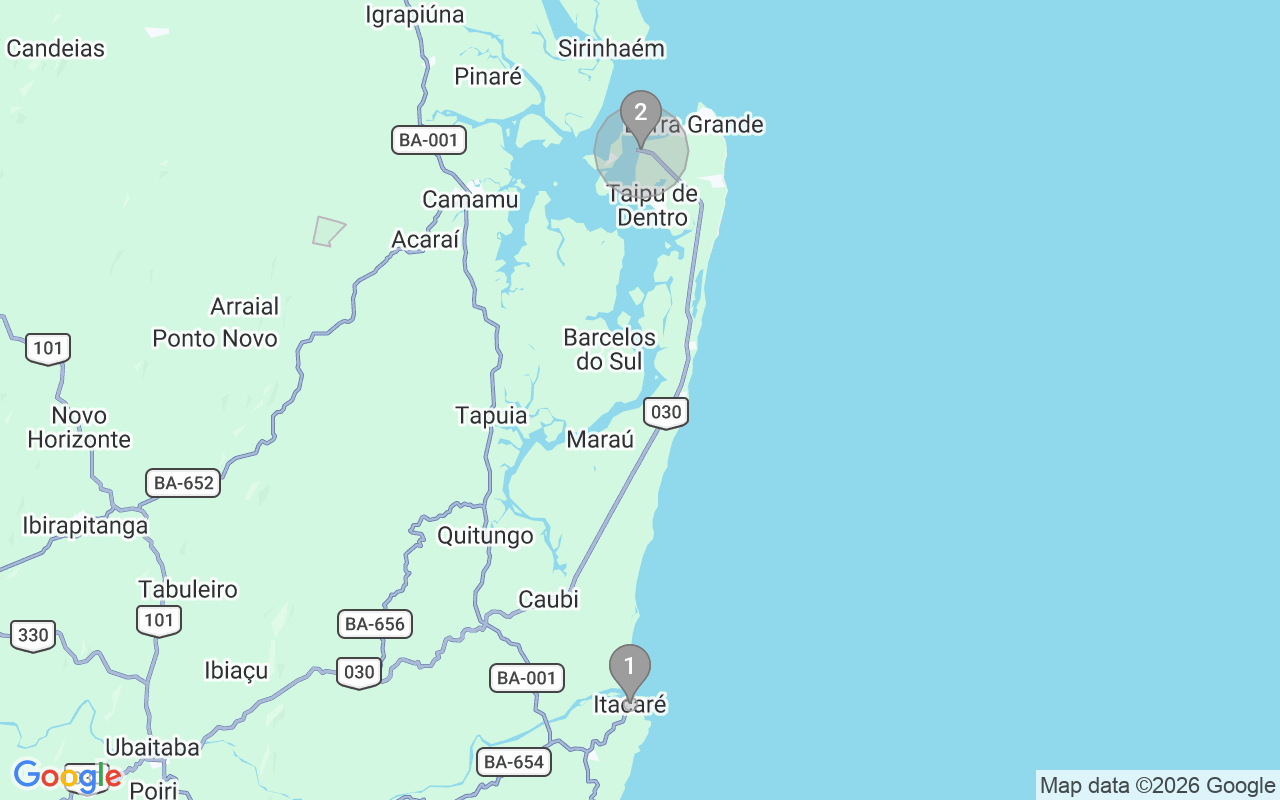 Map of Airbnb guest-review hotspots in Maraú with location premium circles