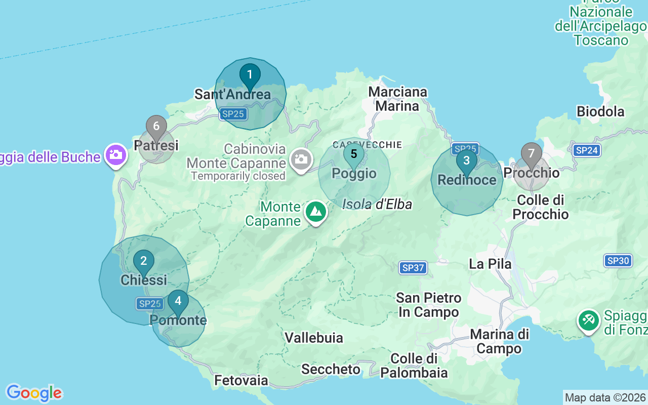 Map of Airbnb guest-review hotspots in Marciana with location premium circles