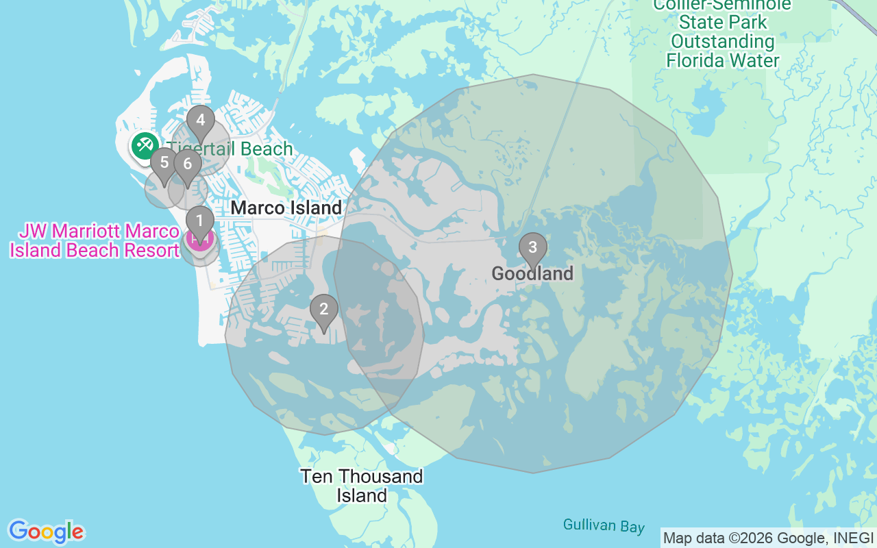 Map of Airbnb guest-review hotspots in Marco Island with location premium circles