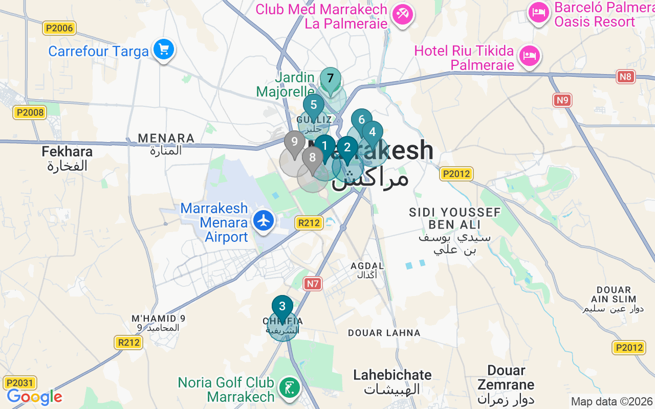 Map of Airbnb guest-review hotspots in Marrakech with location premium circles