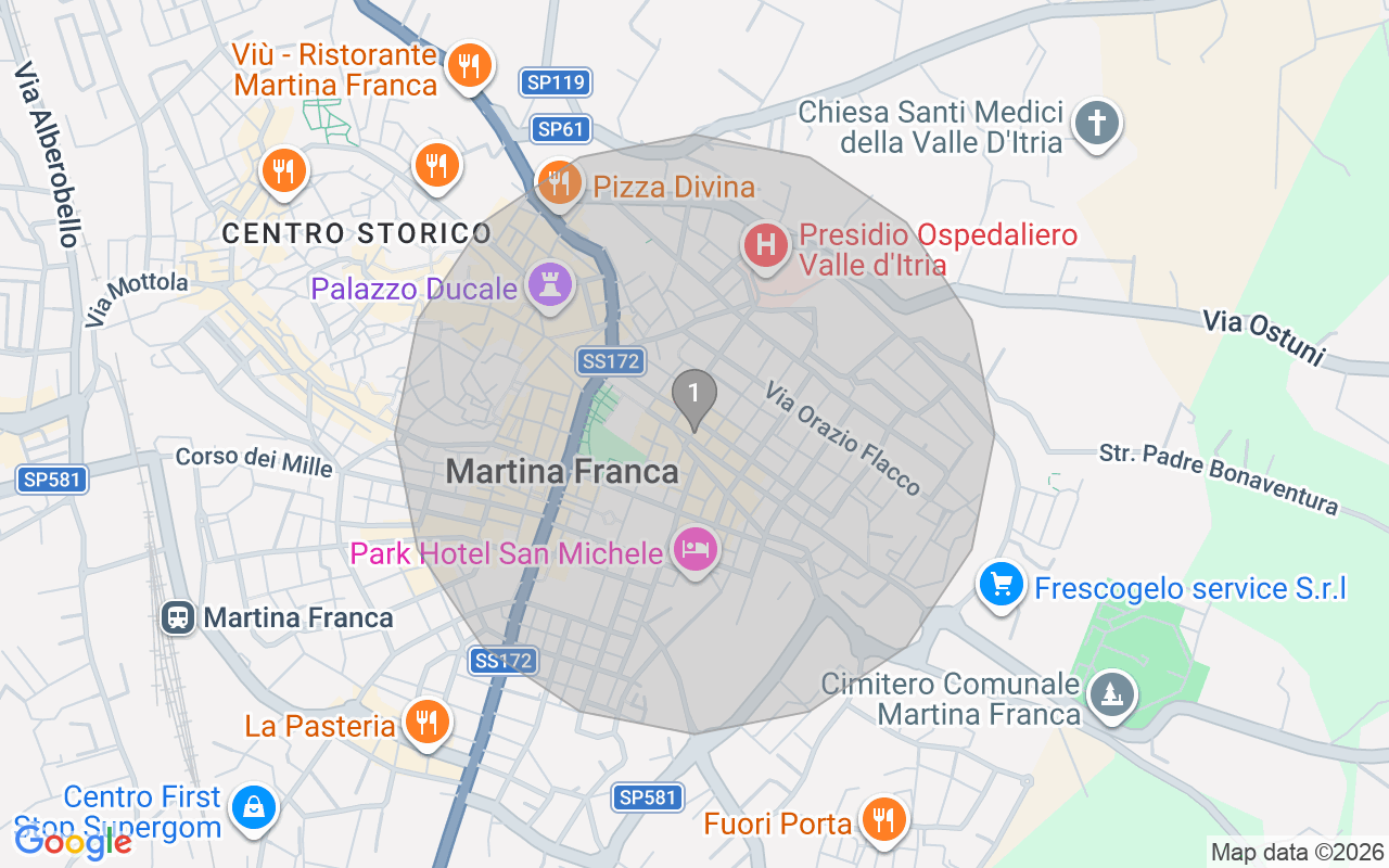 Map of Airbnb guest-review hotspots in Martina Franca with location premium circles