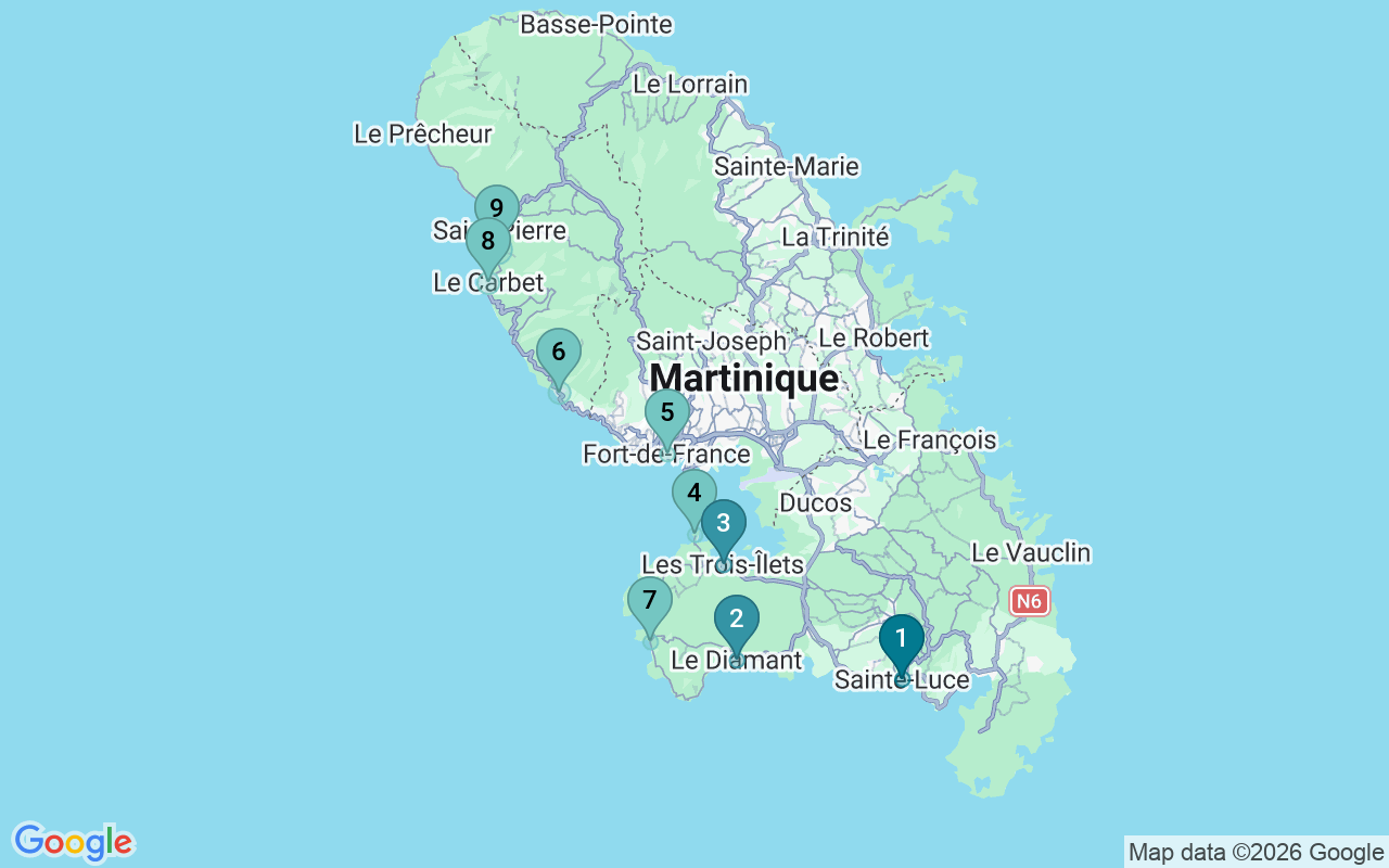 Map of Airbnb guest-review hotspots in Martinique with location premium circles