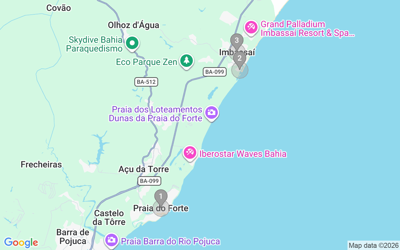 Map of Airbnb guest-review hotspots in Mata De São João with location premium circles