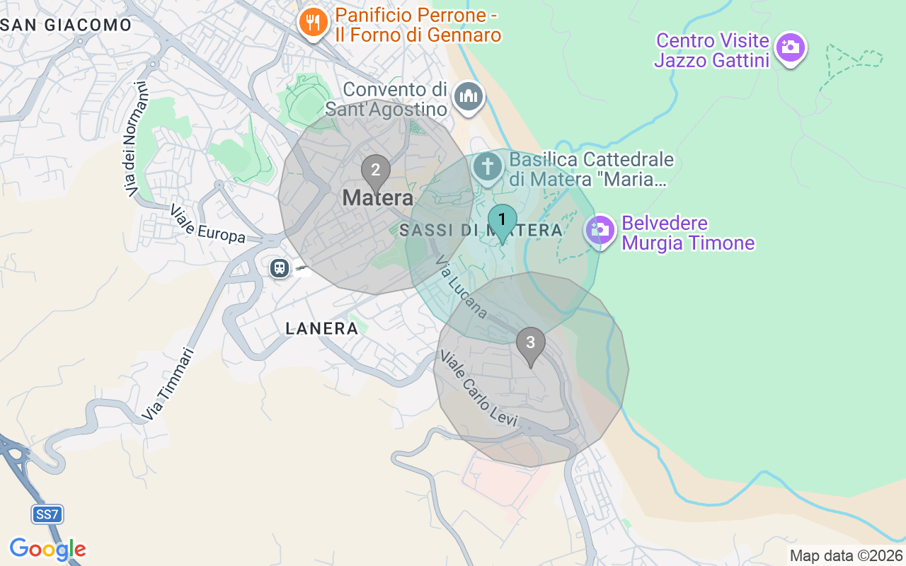 Map of Airbnb guest-review hotspots in Matera with location premium circles
