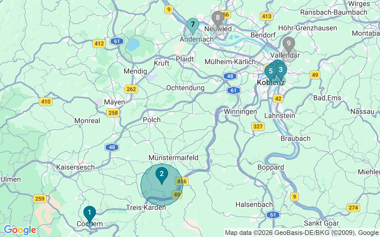 Map of Airbnb guest-review hotspots in Mayen-Koblenz with location premium circles