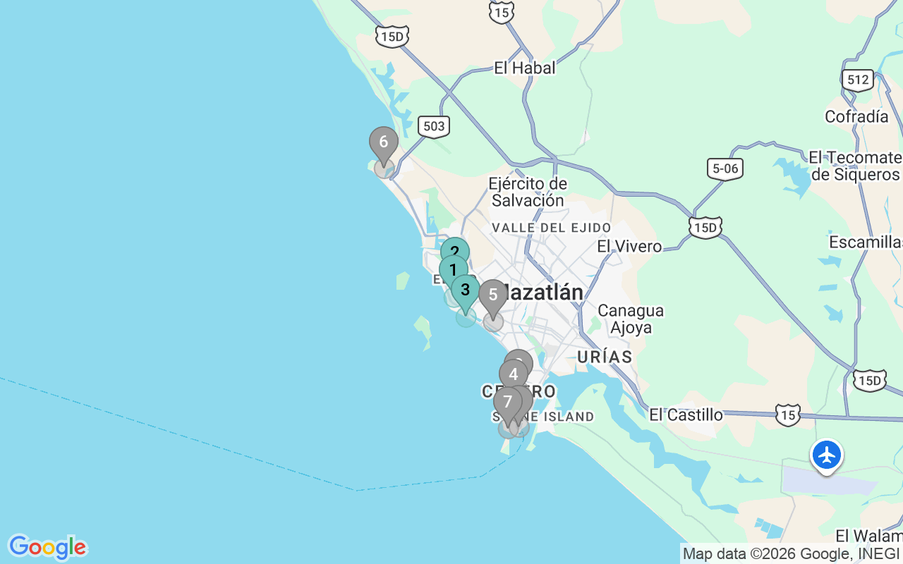 Map of Airbnb guest-review hotspots in Mazatlan with location premium circles