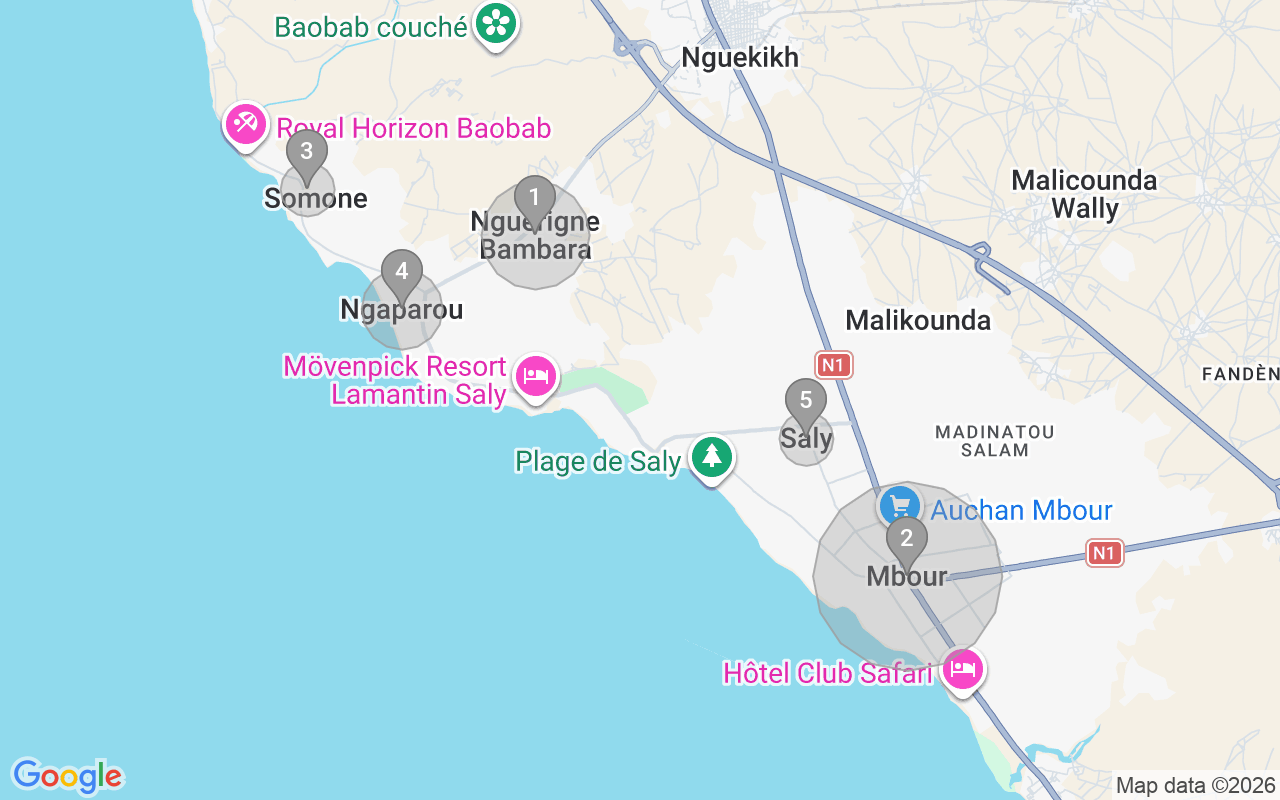 Map of Airbnb guest-review hotspots in Mbour with location premium circles