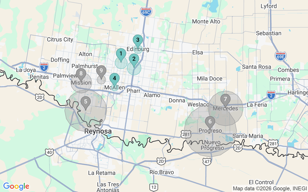 Map of Airbnb guest-review hotspots in McAllen-Edinburg-Mission with location premium circles