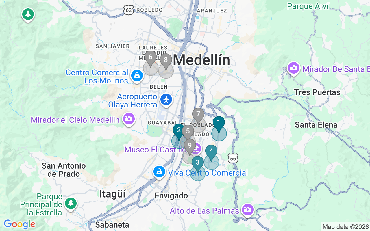 Map of Airbnb guest-review hotspots in Medellin with location premium circles