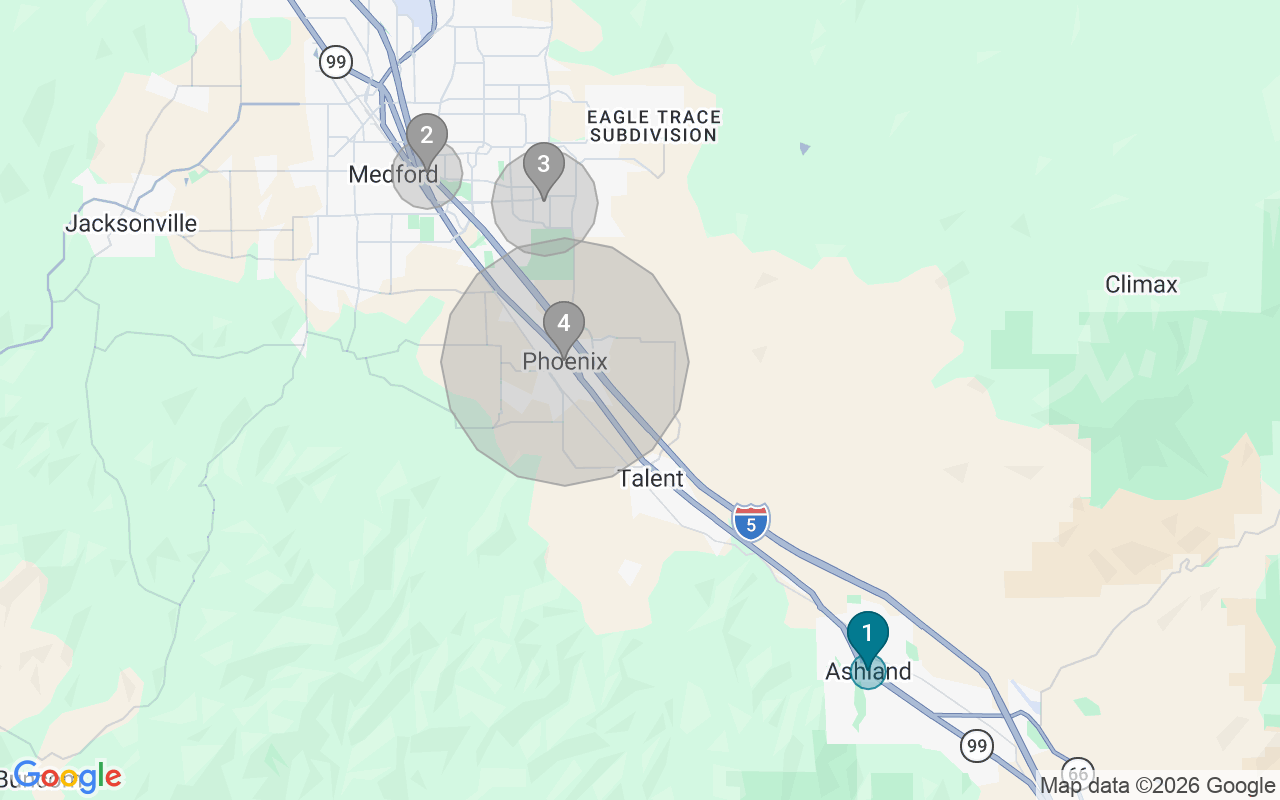 Map of Airbnb guest-review hotspots in Medford with location premium circles
