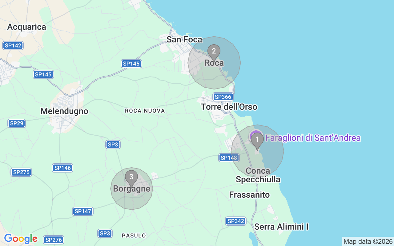 Map of Airbnb guest-review hotspots in Melendugno with location premium circles