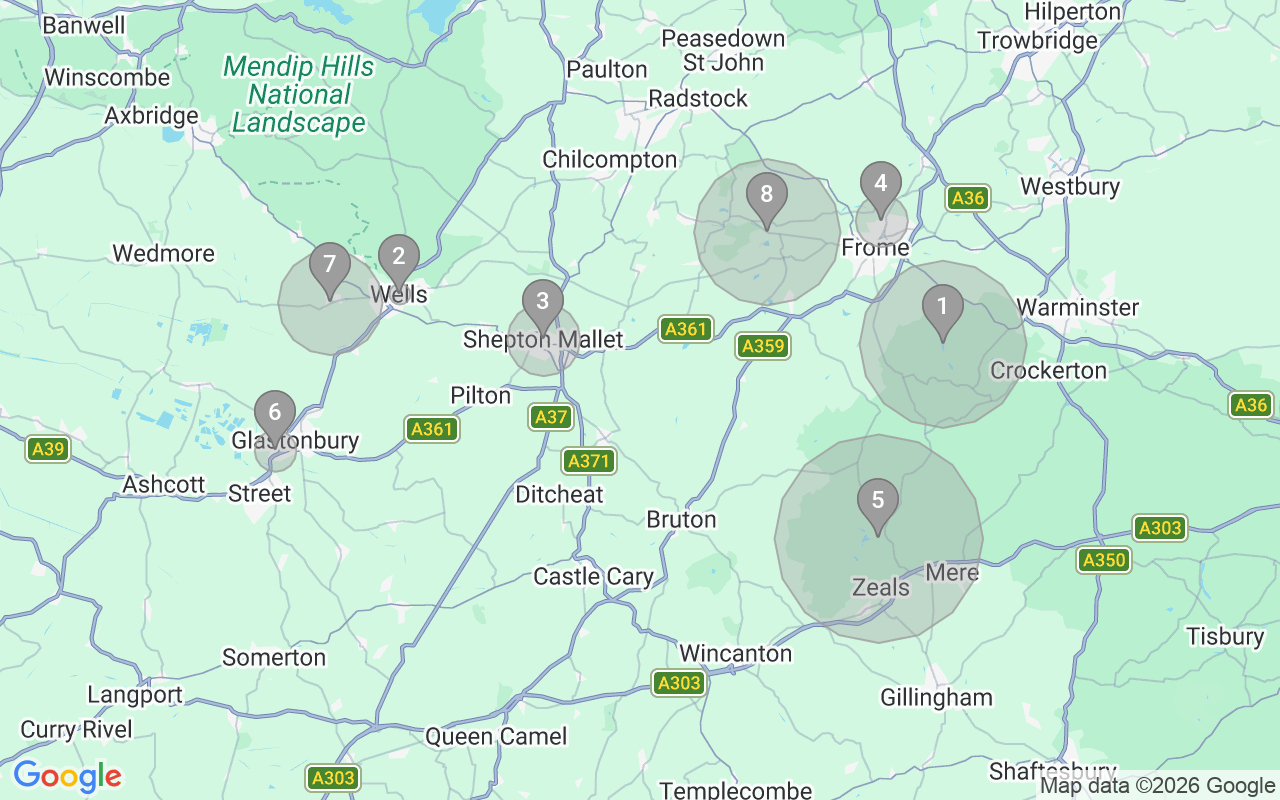 Map of Airbnb guest-review hotspots in Mendip with location premium circles