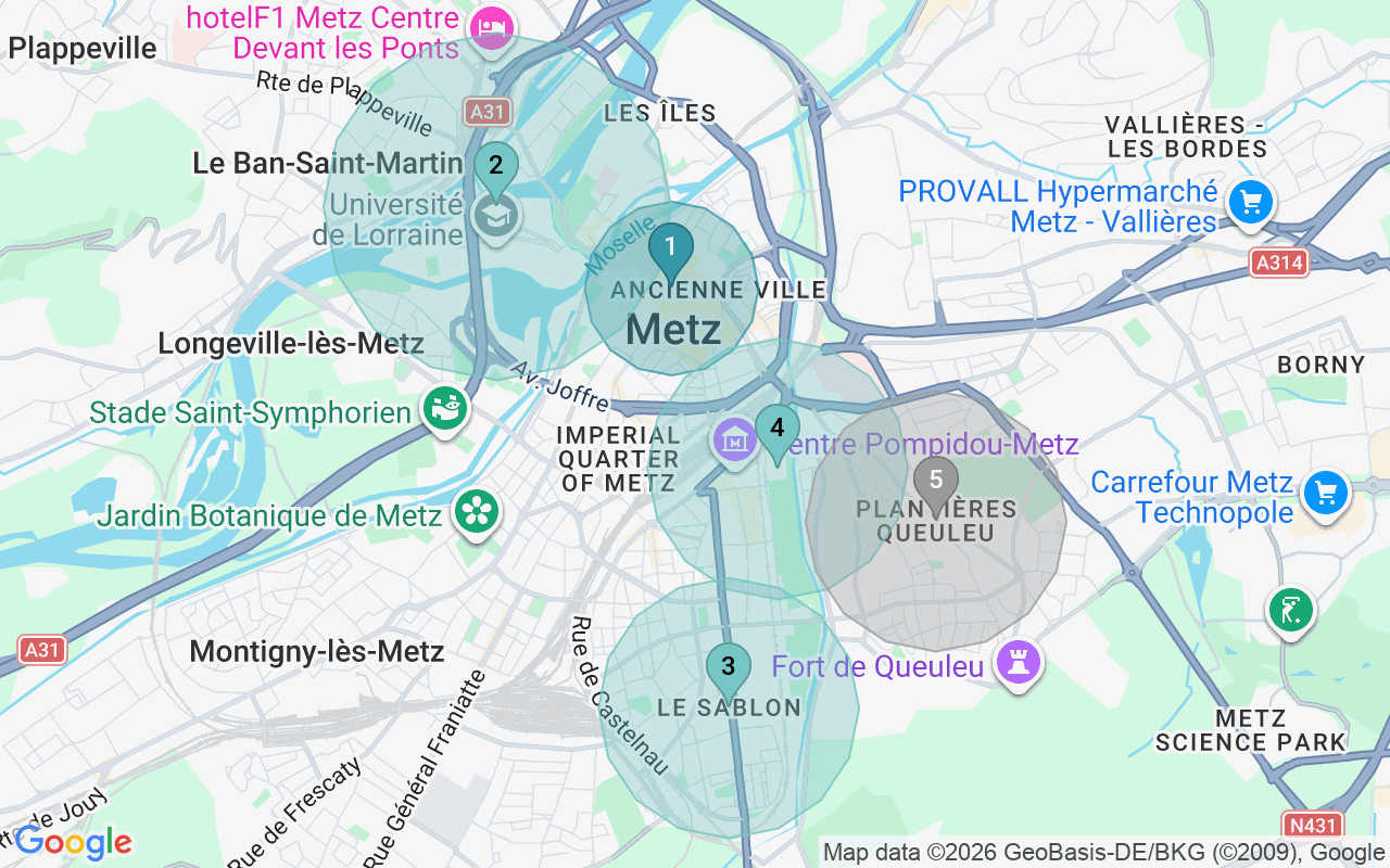 Map of Airbnb guest-review hotspots in Metz with location premium circles