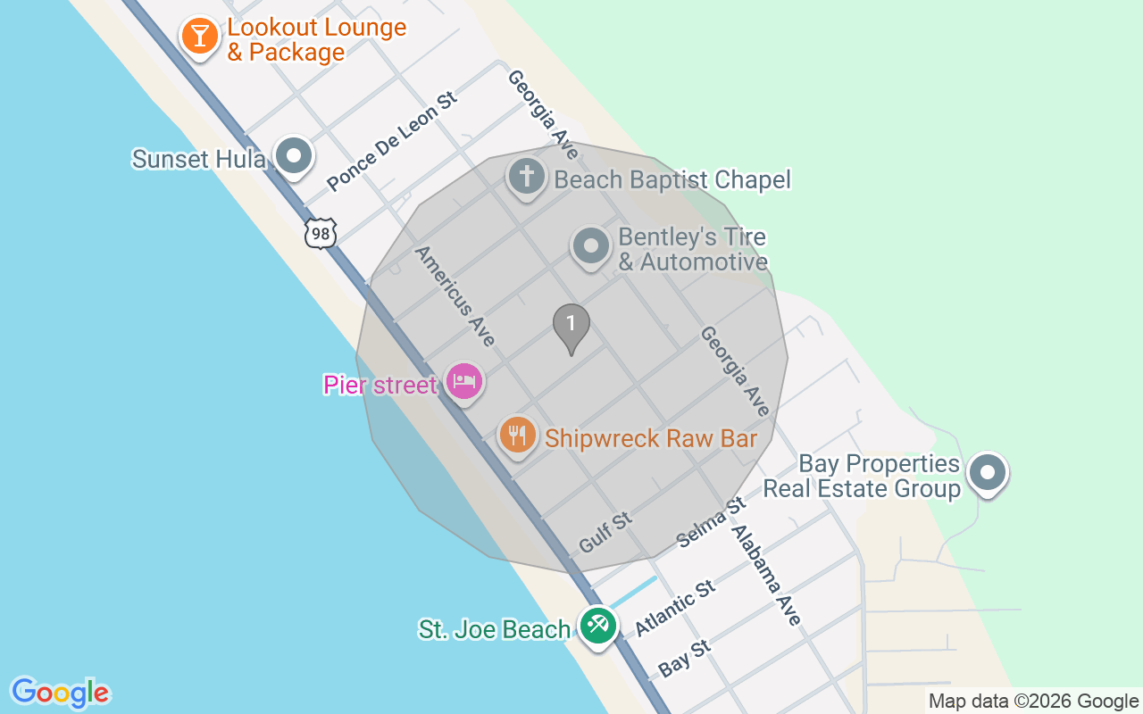 Map of Airbnb guest-review hotspots in Mexico Beach with location premium circles