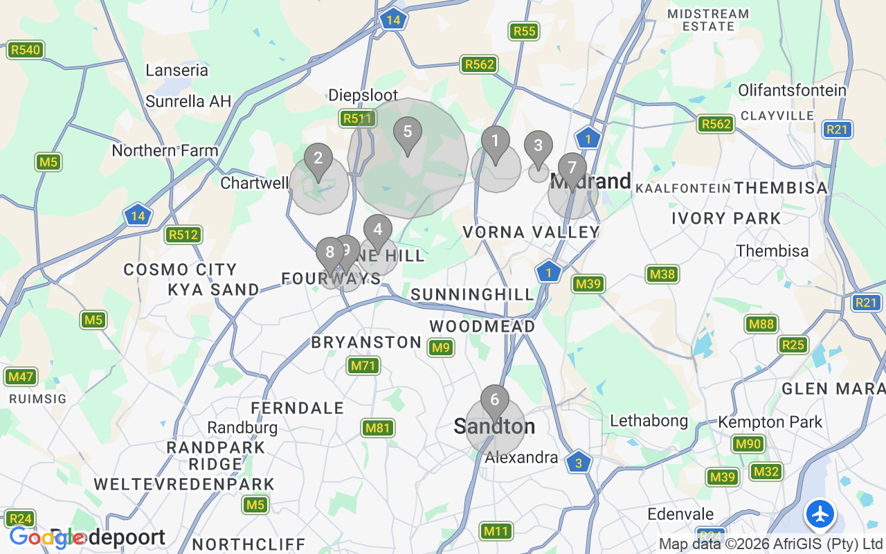 Map of Airbnb guest-review hotspots in Midrand with location premium circles