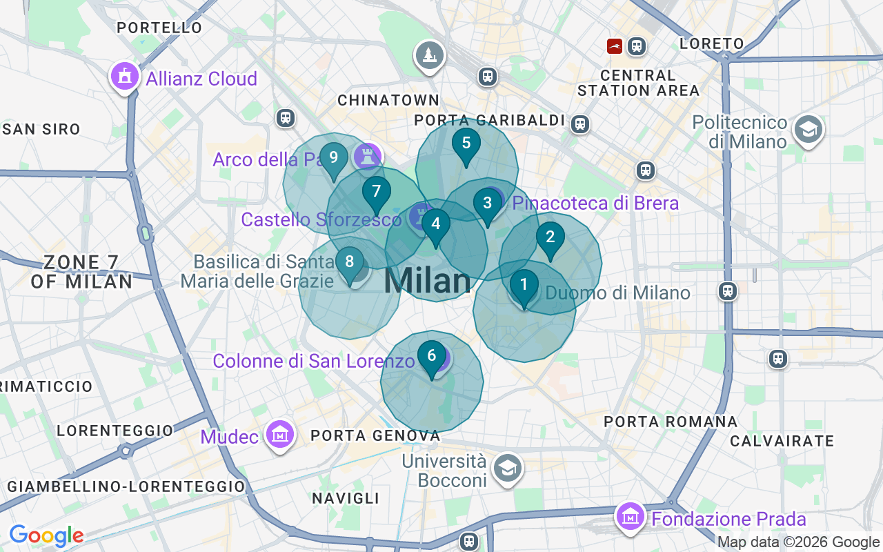 Map of Airbnb guest-review hotspots in Milano with location premium circles