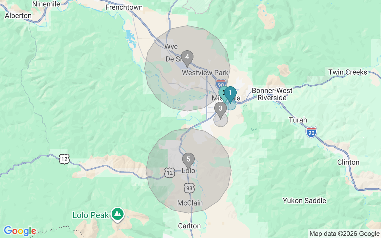 Map of Airbnb guest-review hotspots in Missoula with location premium circles