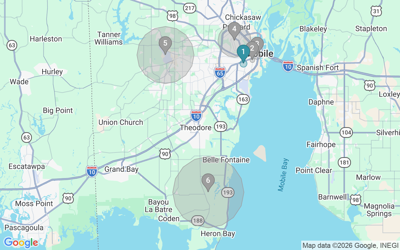 Map of Airbnb guest-review hotspots in Mobile with location premium circles