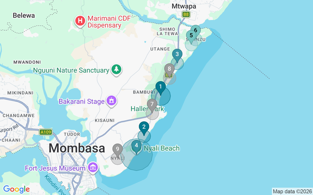 Map of Airbnb guest-review hotspots in Mombasa with location premium circles