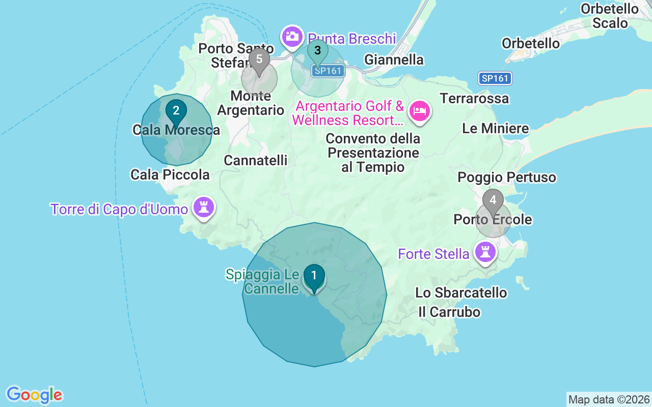 Map of Airbnb guest-review hotspots in Monte argentario with location premium circles