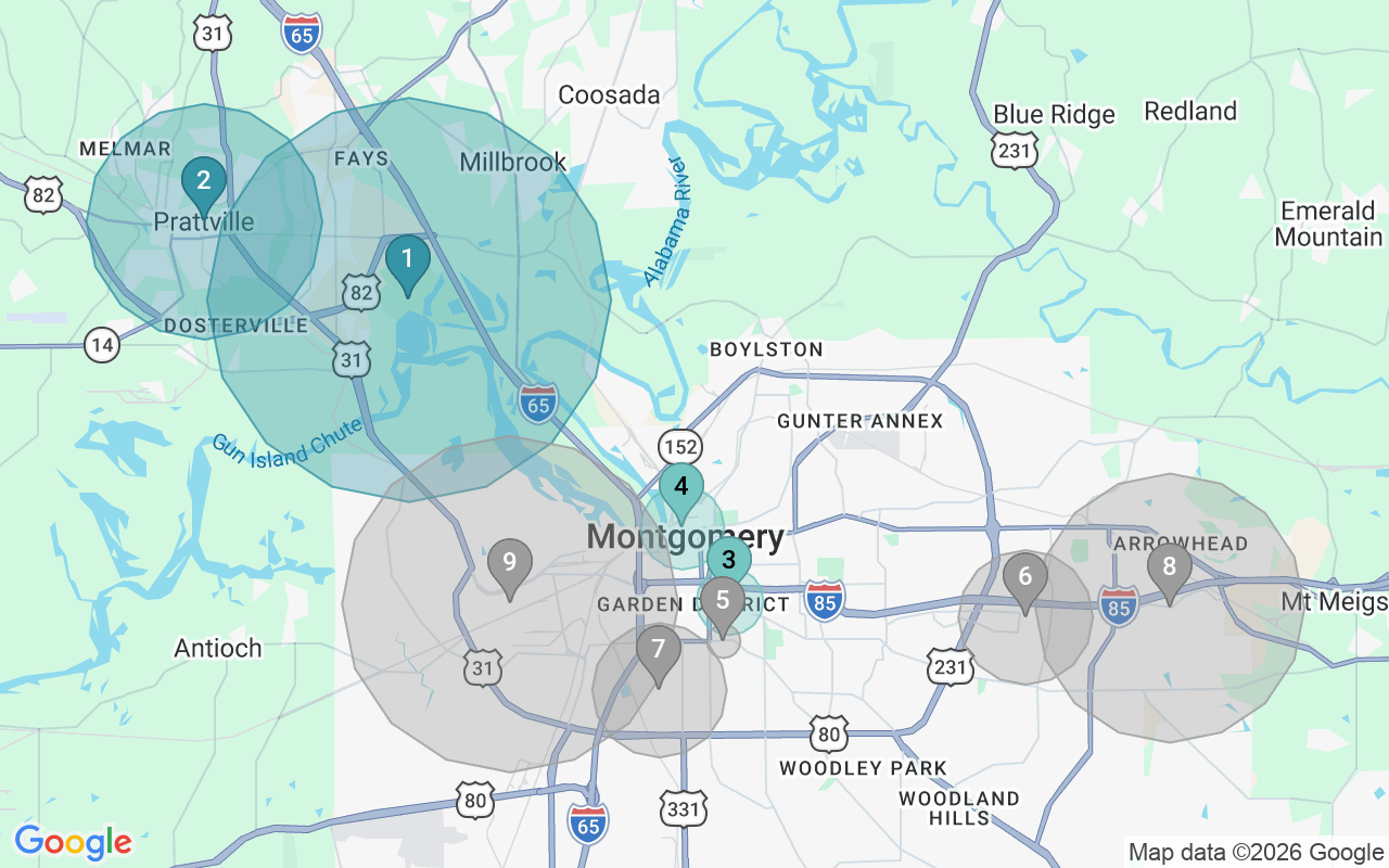Map of Airbnb guest-review hotspots in Montgomery with location premium circles