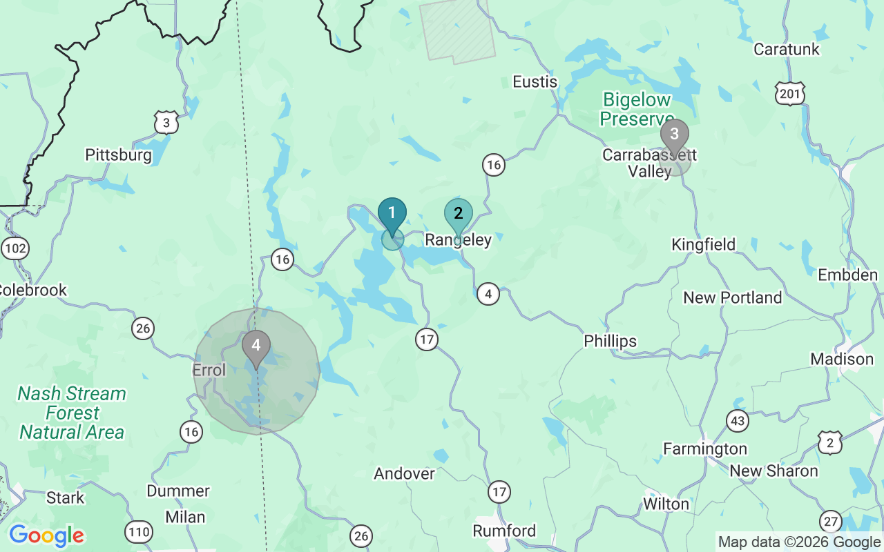 Map of Airbnb guest-review hotspots in Mooselookmeguntic Lake with location premium circles